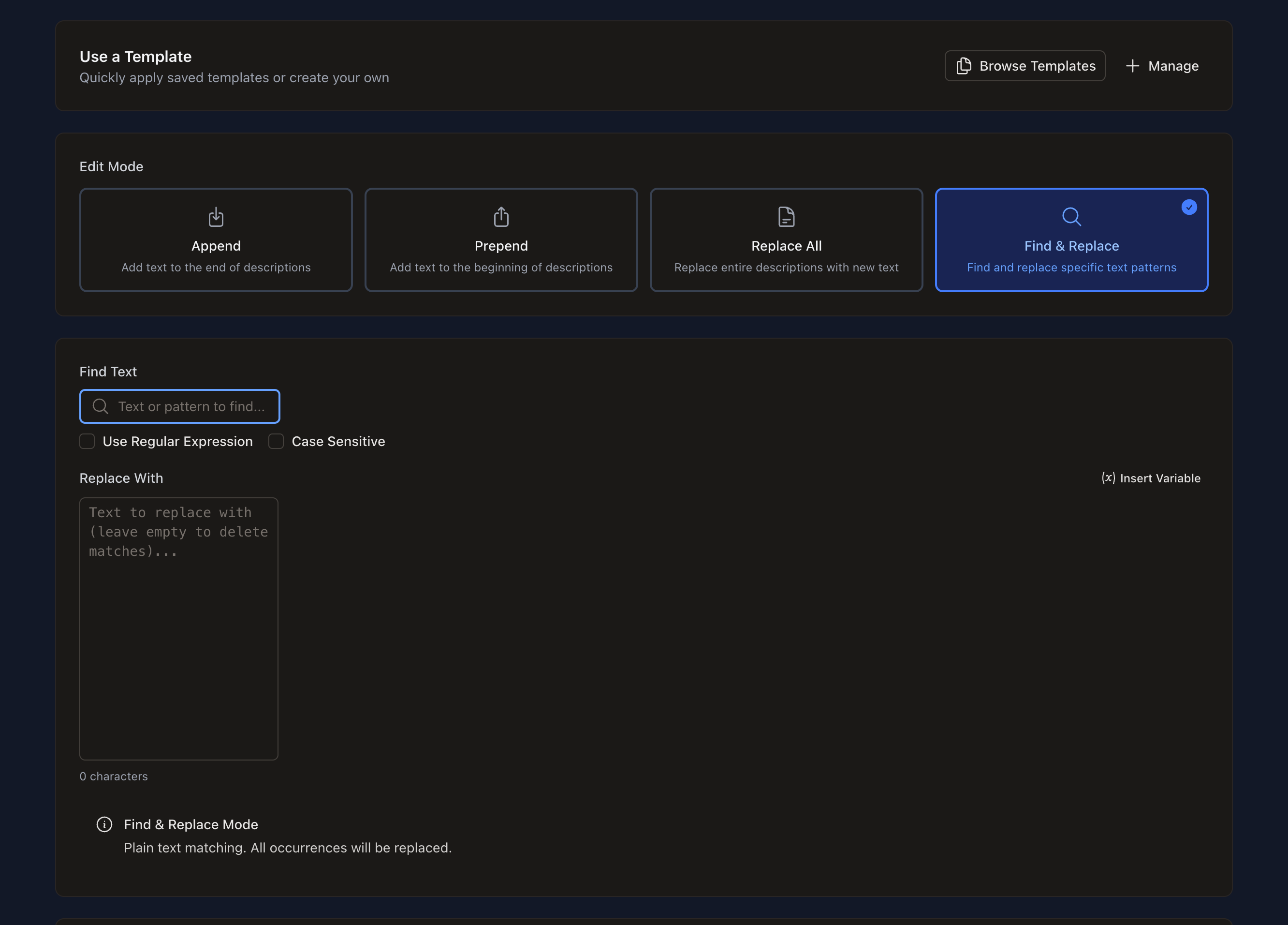 Bulk edit interface showing description editing controls